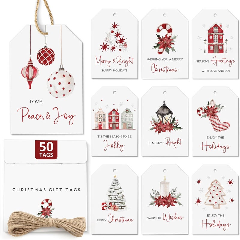 AUDREE 50 Pcs Christmas Gift Tags with String - Elegant Red & White Holiday Tags - Christmas Name Tags for Gifts - Hanging Labels Decoration Xmas Winter Holiday Present DIY Crafts - Image 1